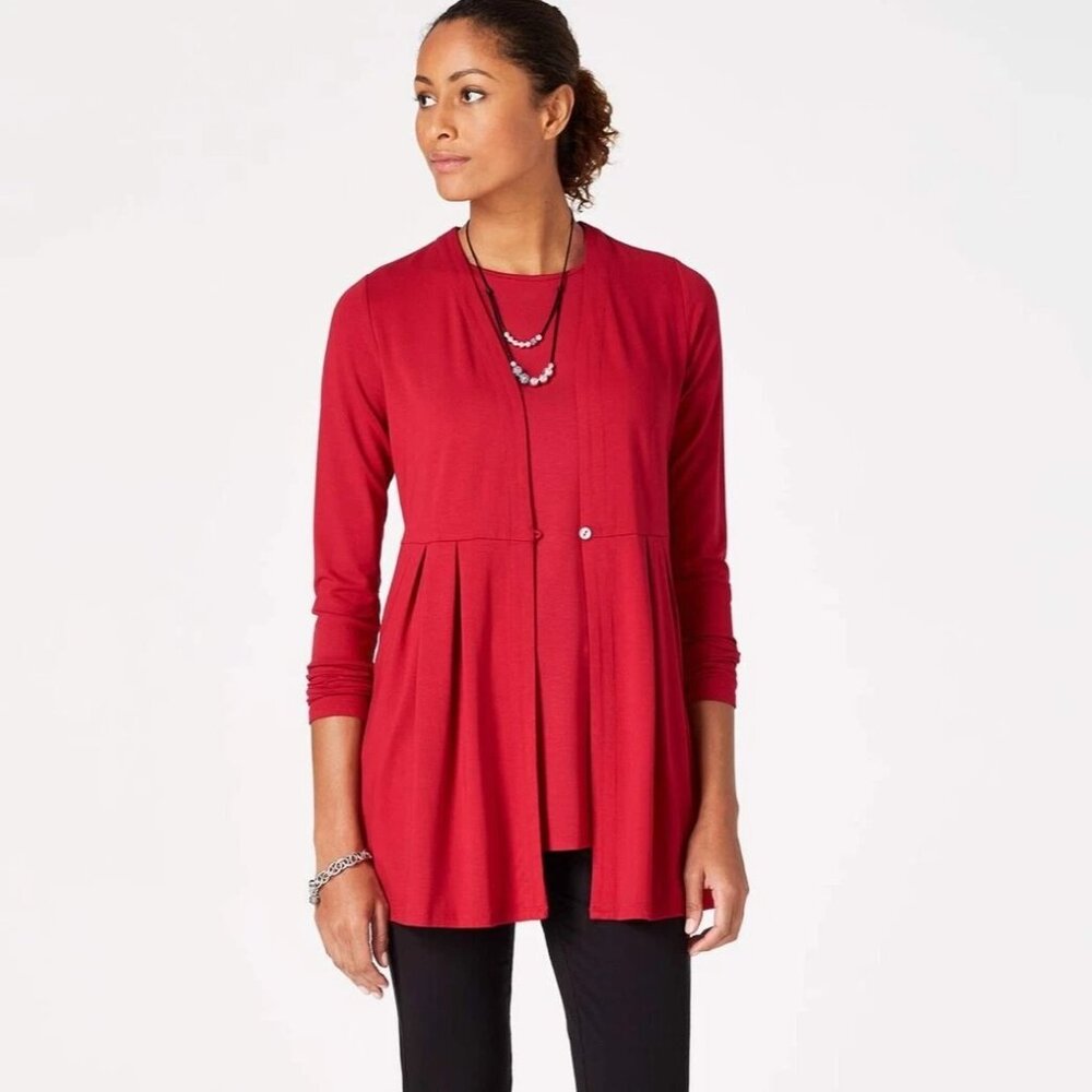 J. Jill Wearever Collection Pleated One Button Peplum Cardigan Red Plus Size 2X